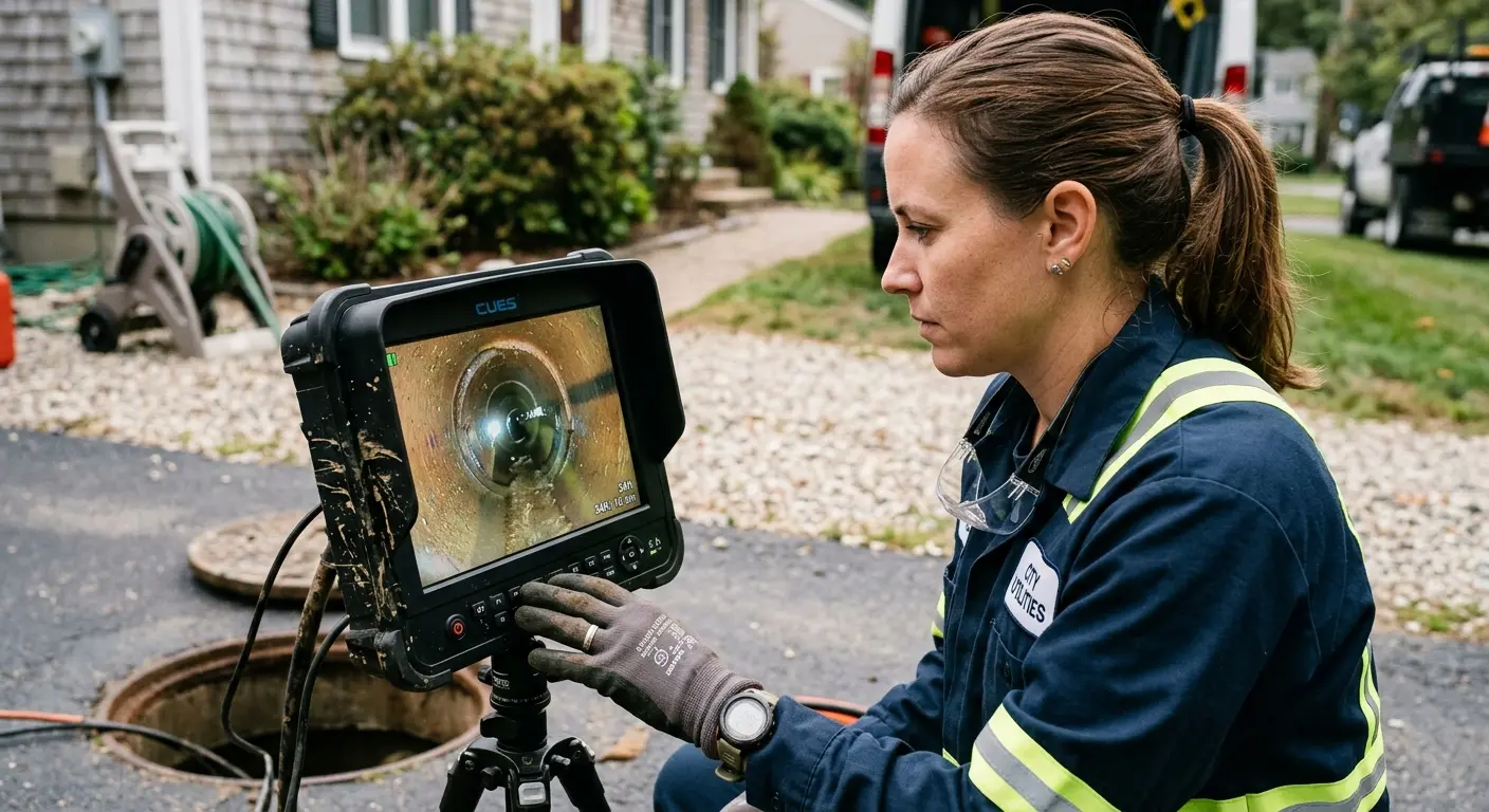 Technician reviewing sewer camera inspection footage in Clarendon Hills