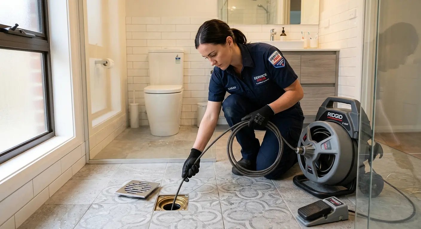 Technician clearing a bathroom floor drain for Sewer Line Replacement in Clarendon Hills